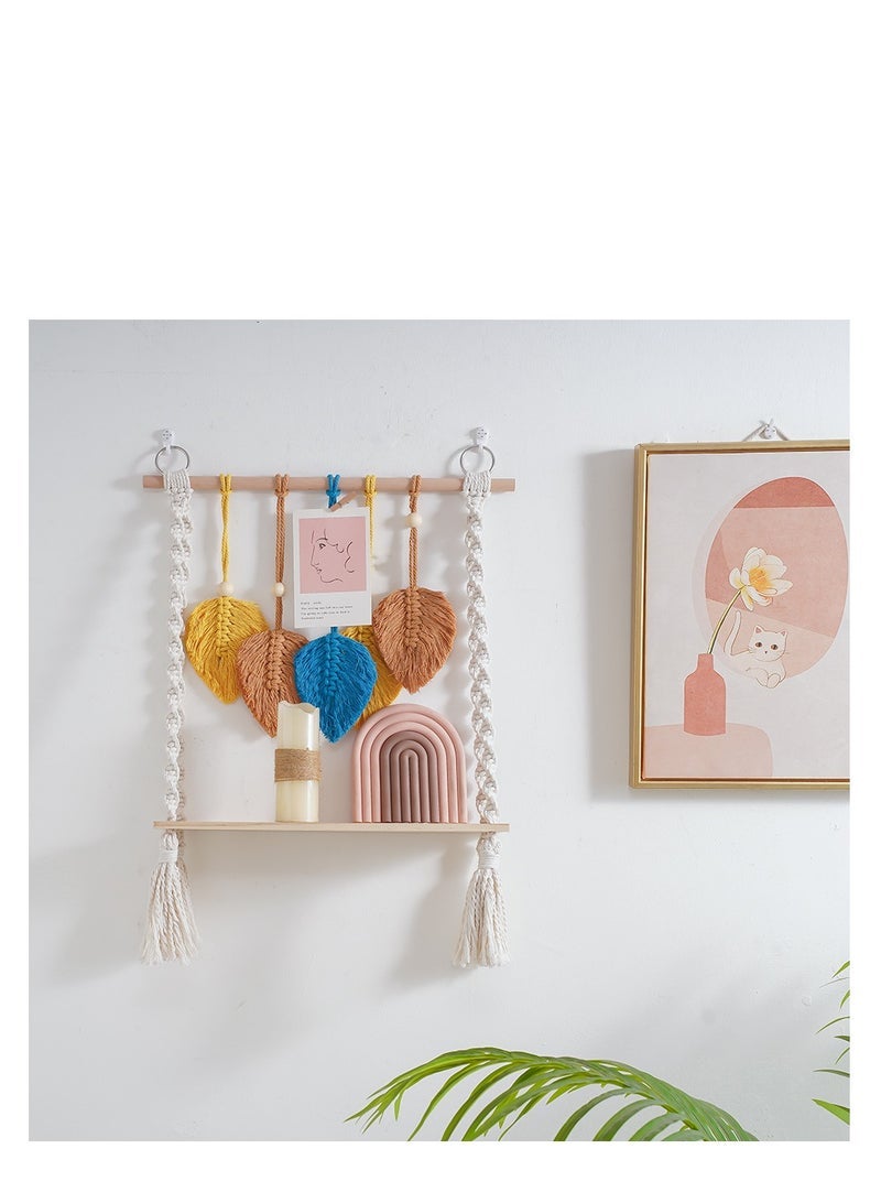 Macrame Wall Hanging Shelf, Boho Hanging Wall Decor Boho Shelf Woven Leaf Tapestry Shelf Boho Bookshelf Wood Floating Shelf for Bedroom Living Room Nursery Bathroom - Image 2